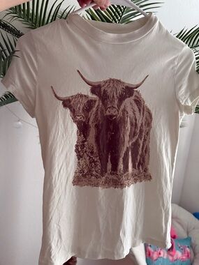 Modish rebel Kids Cream Short Sleeve Tee with Brown Highland Cattle Graphic